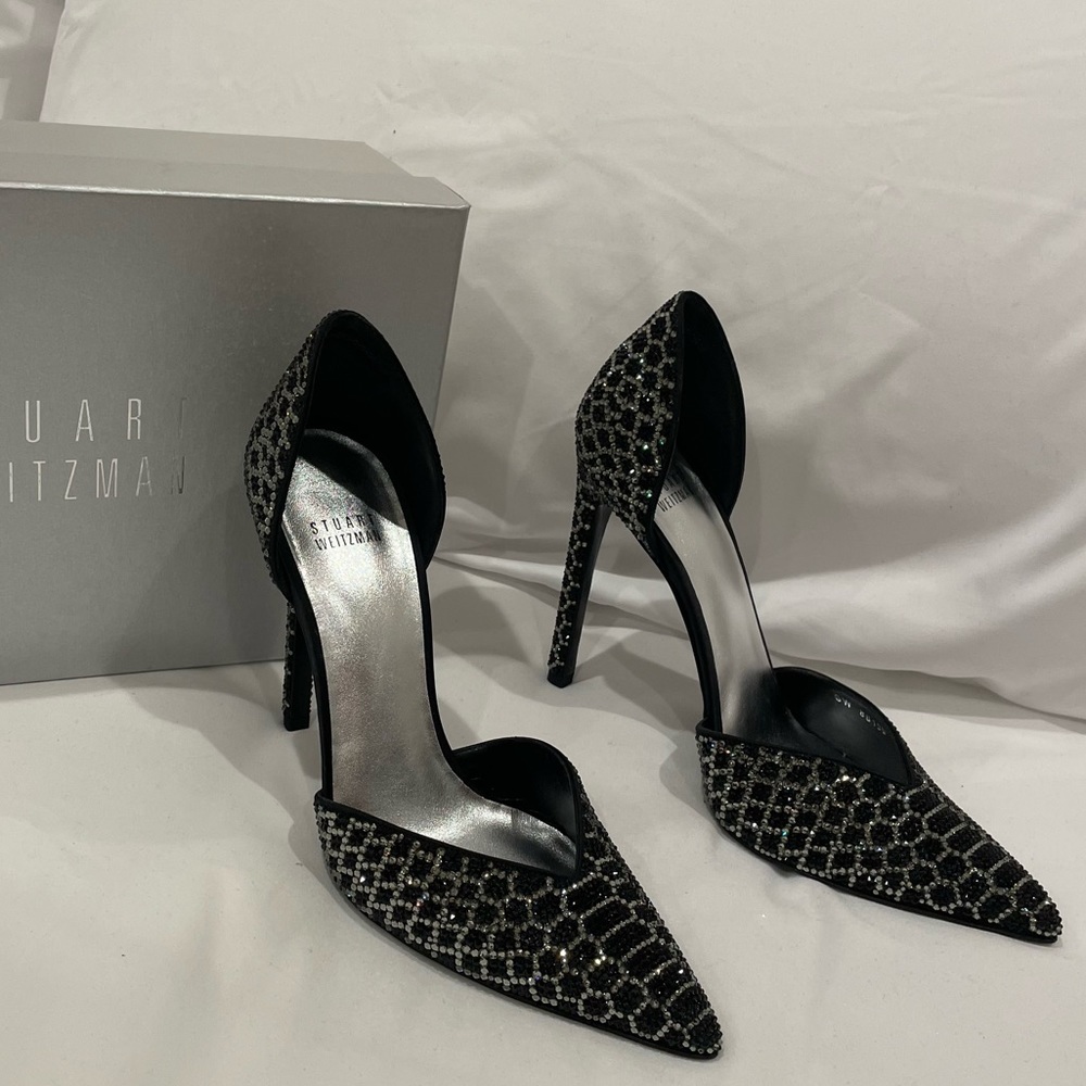 Stuart Weitzman Black Hugh Heel Pumps Black Satin diamanté